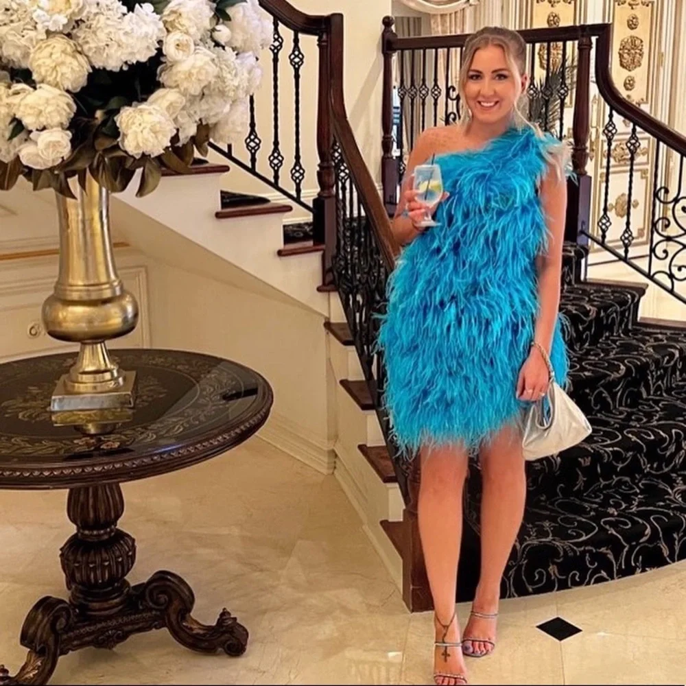 The Bar One Shoulder Ostrich Feather Andre Dress in Turquoise - Picture 5 of 12